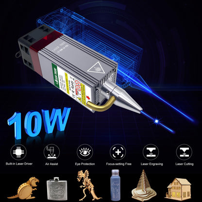 LASER TREE Laser Engraving Module, 10000mW(10W) Output Module with Air Assist System, Built-in FAC, Compressed Spot CNC Carving DIY Laser Master for Laser Cutter Engraving Machine Class 4, 12V