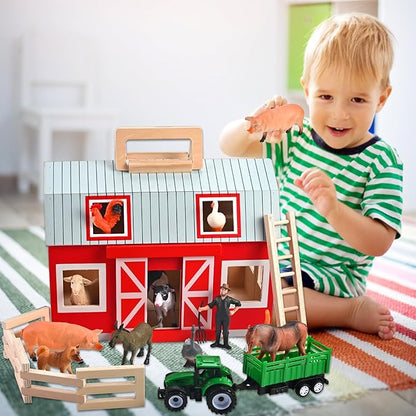 Wooden Barn Toys Play Barn with 12 Animal Play Figures for 3+ Years Old Toy Barn and Farm AnimalsWooden Barn Playset for Christmas Birthday Gift for Boys Girls