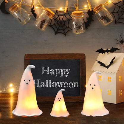 Colingmill Halloween Resin Ghost Figurine with 3 LED Tea Lights, Ghost Candle Holder Set of 3, Spooky Tabletop Indoor Halloween Light up Decor for Holiday Party, White Hollow Spooky Sculptures