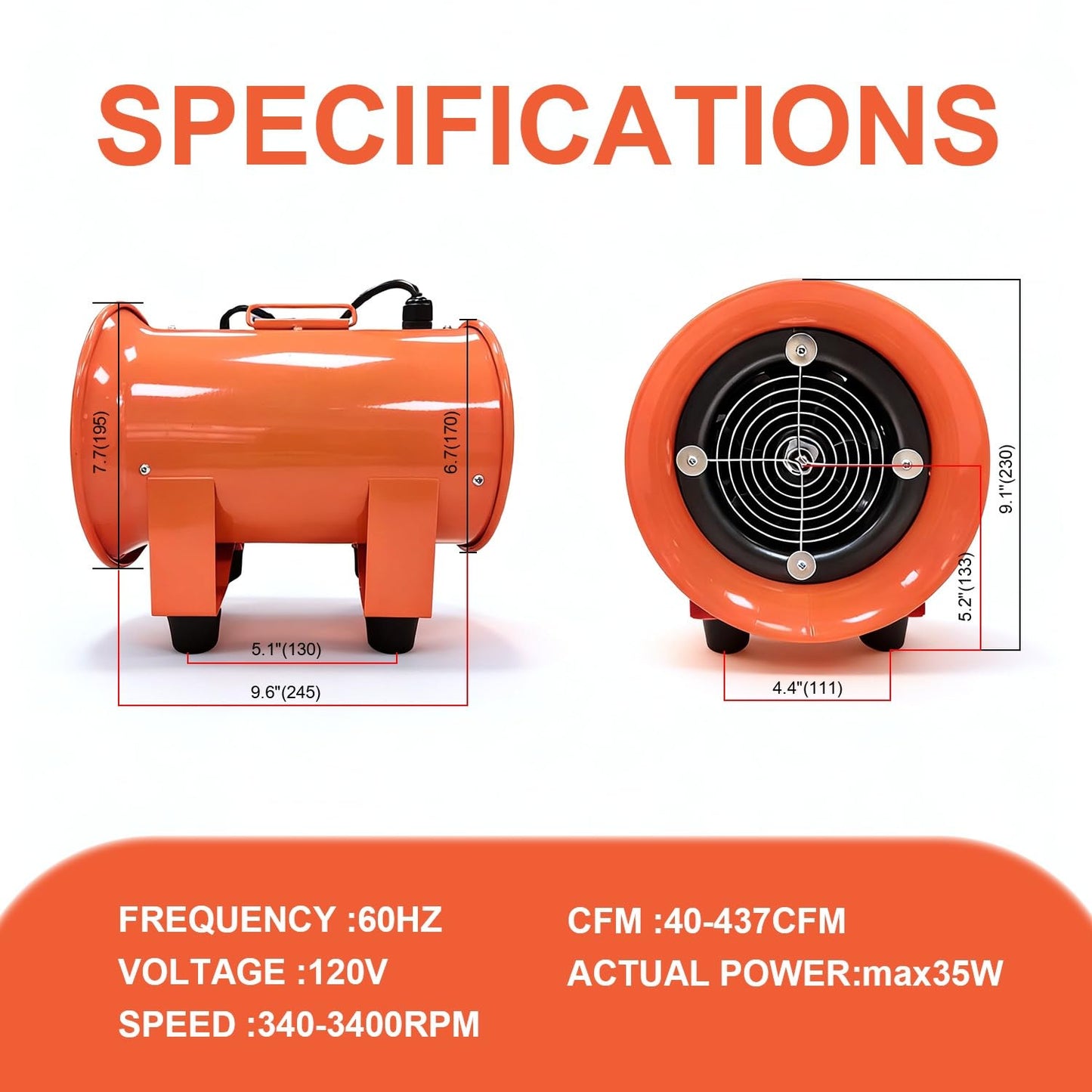 Hakazeni 6" Portable Multi-Purpose Blower,35W High-Velocity Axial Flow Exhaust Fan with EC Motor, Adjustable Airflow to 437CFM, Comes with 12" Duct Hose, Perfect for Home Ventilation and Exhaust.