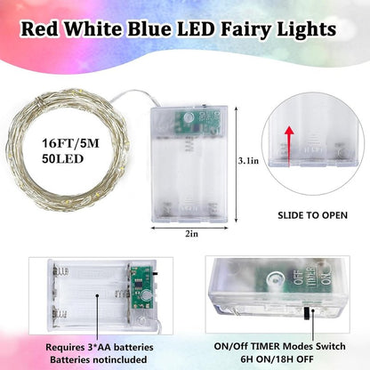 4th of July Decorations, 4 Pack Red White and Blue Fairy Lights Battery Operated with Timer, Waterproof 16FT 50 LED Starry String Lights for Independence Day 250th Anniversary Memorial Day Home Decor