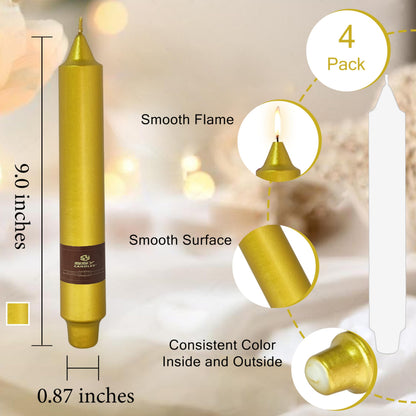 Christmas Metallic Gold Candle 9 Inch Tall Smokeless Taper Candles 4 Pack Unscented Dinner Candle for Christmas Dinner