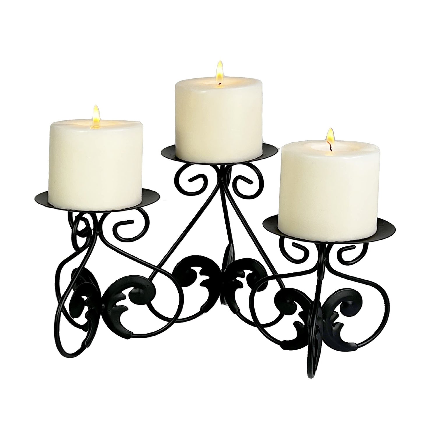 Lily’s Home Elegant Scrollwork Fleur De Lis Pillar Candle Holders, Wax & LED Candle Stands, Black, Set of 3. Candles Not Included