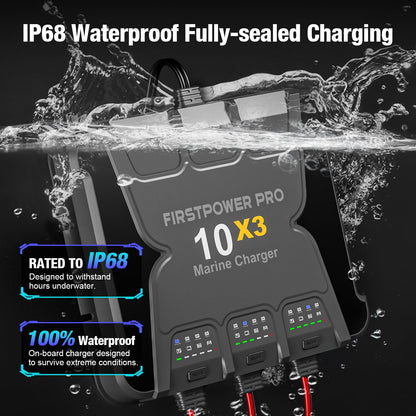 Upgraded 3 Bank Marine Battery Charger 10X3, 30A (10A/Bank) - 12V Waterproof Onboard Battery Charger, Battery Maintainer & Desulfator for SLA/AGM, Lithium (LiFePO4), Calcium & Deep-Cycle Battery