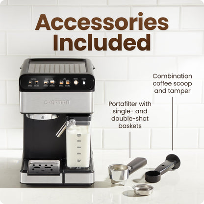 Chefman CaféMaster Pro Espresso Machine, Brew Single or Double Shots, Coffee Maker with Built-In Milk Frother for Cappuccino & Latte, XL 1.8 Liter Removable Water Reservoir - Stainless Steel