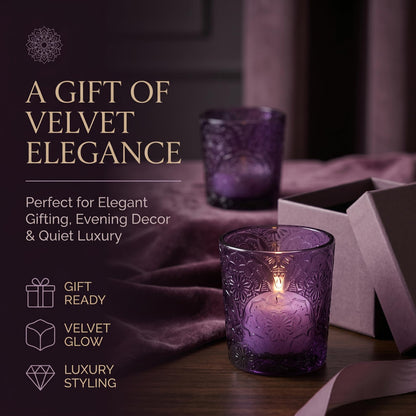 12 Pack Mandala Embossed Glass Candle Holders – Votive Tealight Holders with Patent Design, Decorative Embossed Glass Cups for Wedding Centerpieces, Parties, and Home Décor (Amethyst Bloom)