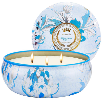 M&SENSE Soy Scented Candles for Home 12oz, 3 Wick Highly Scented 40 Hours Long Lasting, Midsummer Nights Scented Portable Tin Candles for Travel, Spa, Bath, Yoga