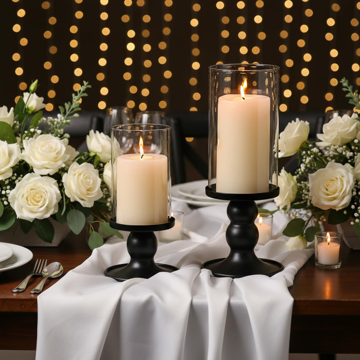 NITIME 4Pcs Hurricane Candle Holder for Pillar Candles, Black Candle Holders with Clear Glass Sleeve for Table Centerpieces,Pillar Candle Holders for Home Decor, Wedding, Holiday and Party Decor