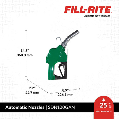 Fill-Rite SDN100GAN 1” 5 to 25 GPM Automatic Standard Duty Fuel Transfer Nozzle, Green - For Gasoline, Diesel, Biodiesel up to B20, E15 & Kerosene