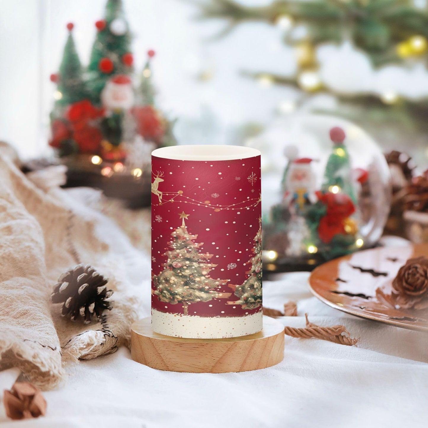 Christmas Lights Flameless Candles Christmas Trees Reindeer Pillar Candles Set of 2 Battery Operated Remote Control Warm Lights Home Decor