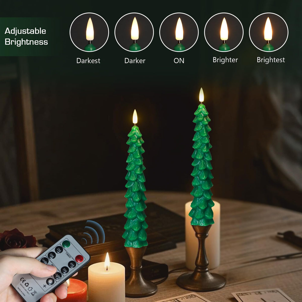 yunsheng 3Pcs Christmas Tree Candles with Remote Timer, Green Real Wax Flameless Taper Candles Flickering, 9.5 Inches Battery Operated LED Window Candle for Home Holiday Decor