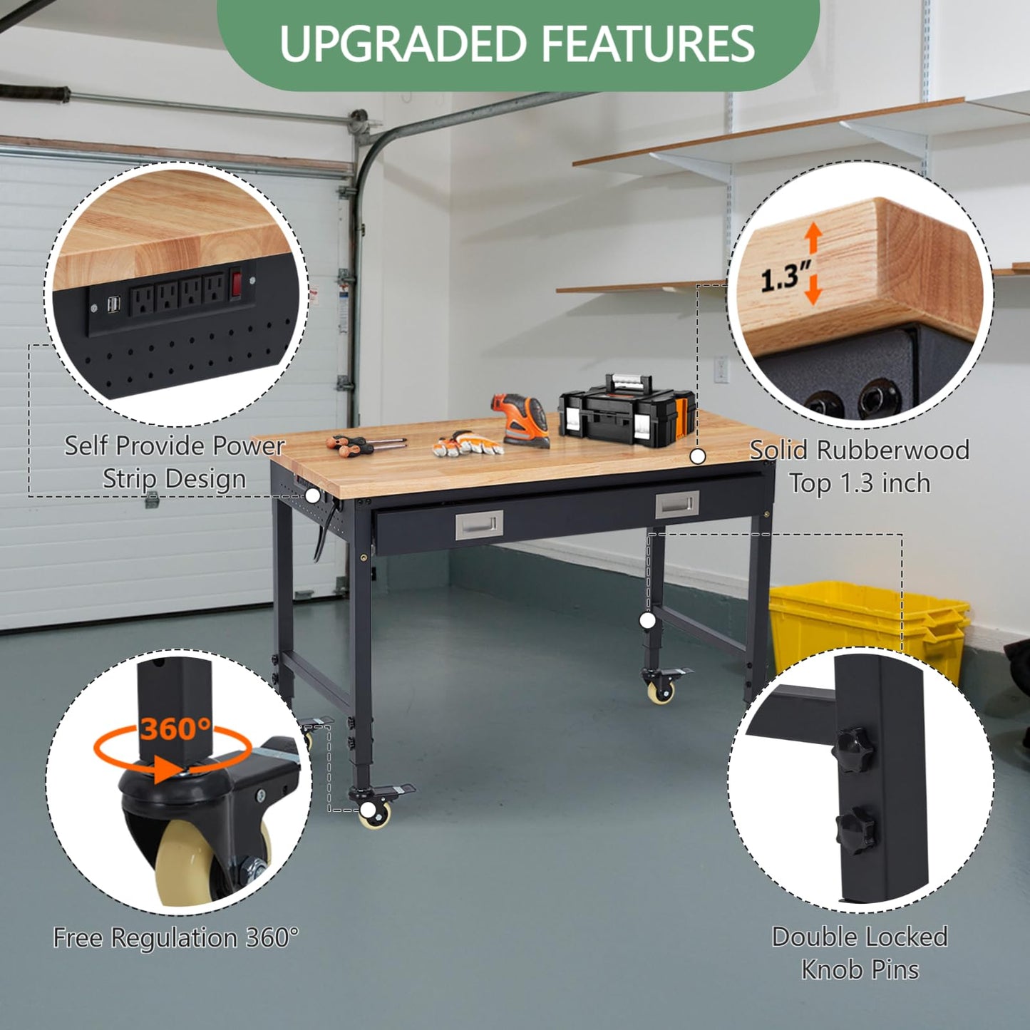 48" Work Benches for Garage, Adjustable Workbench with Wheels, Drawers, Power Outlet & Rubber Wood Top, 2000LB Tool Bench Shop Table for Woodworking, Office, Home, Black