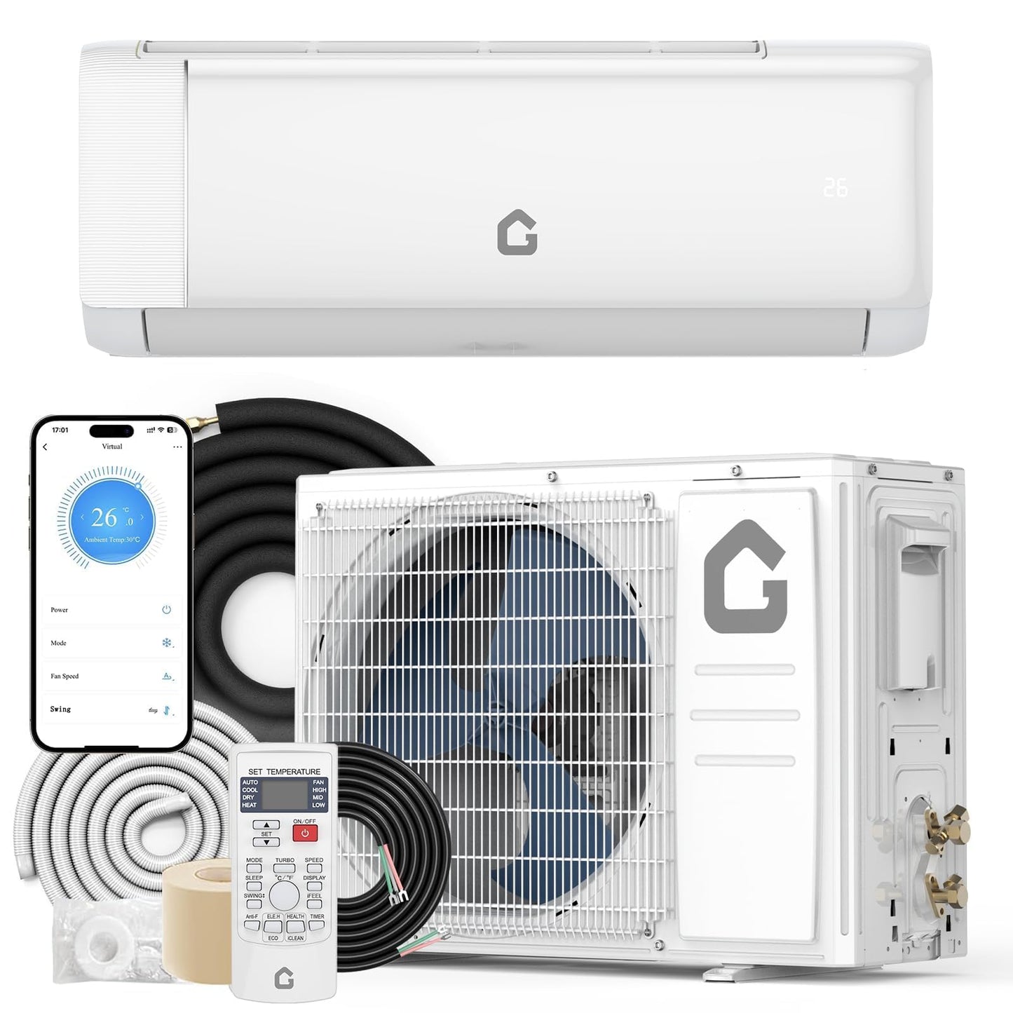 18,000 BTU Mini Split Air Conditioner & Heat Pump, 21 SEER2 Inverter, Ultra-Quiet Ductless AC with WiFi App Control, Cools/Heats Up to 1,250 Sq.ft, Complete Easy Install Kit, 208-230V