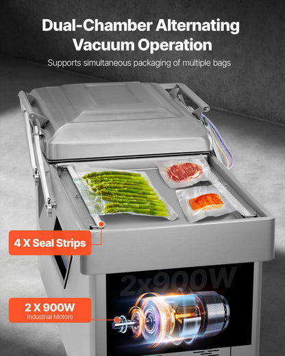 VEVOR Chamber Vacuum Sealer, 1200W Sealing Power, Vacuum Packing Machine for Wet Foods, Meats, Marinades and More, Compact Size with 23.62" Sealing Length, Applied in Home Kitchen and Commercial Use
