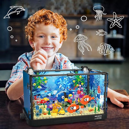 HOGOKIDS Fish Tank Building Set with LED Light - Movable Aquarium Building Toys for Adults Kids | 725PCS Creative Aquarium Toy with Jellyfish Fish Animal Educational Gift for Boys Girls Age 8-14