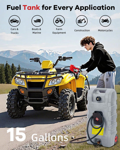 Garvee 15 gal Gas Can, Heavy-Duty Gas Tank and Fuel Caddy with Manual Fuel Transfer Pump, Portable Fuel Tank on Wheels with 10 ft Hose for Lawn Mowers, Cars, Boats, ATVs, Home and Farm Use, Grey