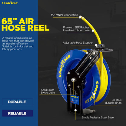 Goodyear Air Hose Reel Retractable 1/2" Inch x 65' Foot SBR Rubber Hose Max 300PSI Heavy Duty Industrial Steel Single Arm Construction