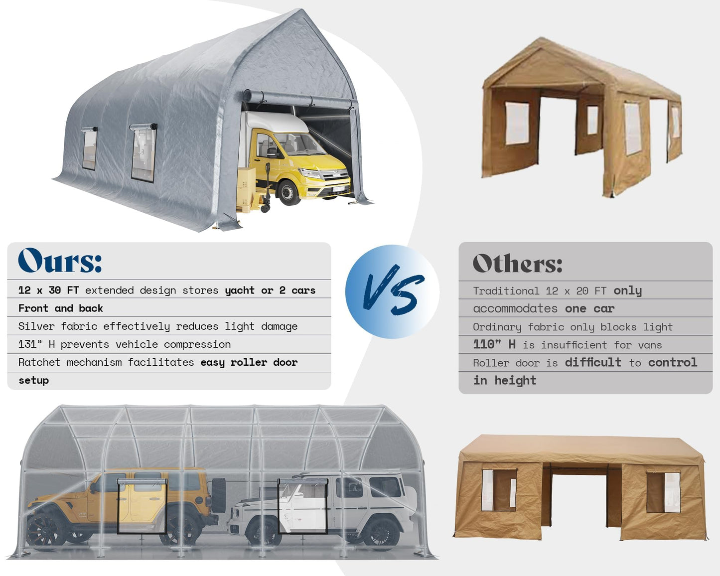 AMERLIFE 12 x 30 FT Walnut-Shaped Outdoor Carport, Heavy Duty Enclosed Portable Garage Shelter with Roll-Up Doors, Weather Resistant Car Shelter for Trucks, Boats, Farm Equipment, Silver Gray