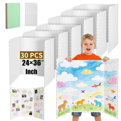 30 Pack 24" x 36" White Trifold Poster Board Bulk, Corrugated Foldable Tri-fold Display Board for Science Fair, School Projects, Presentations, Art, Business & Classroom Supplies