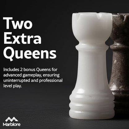 Marble Chess Set 10 Inch White &amp Oceanic Luxury Chess Board Set with 32 Pieces &amp 2 Extra Queens Classic 2 Player Game for Adults Travel &amp Home Decor Friendly