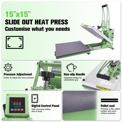 CoolSub Heat Press 15x15 Slide Out Heat Press Machine, Industrial Digital Heat Transfer Machine Sublimation for T-Shirt Green White