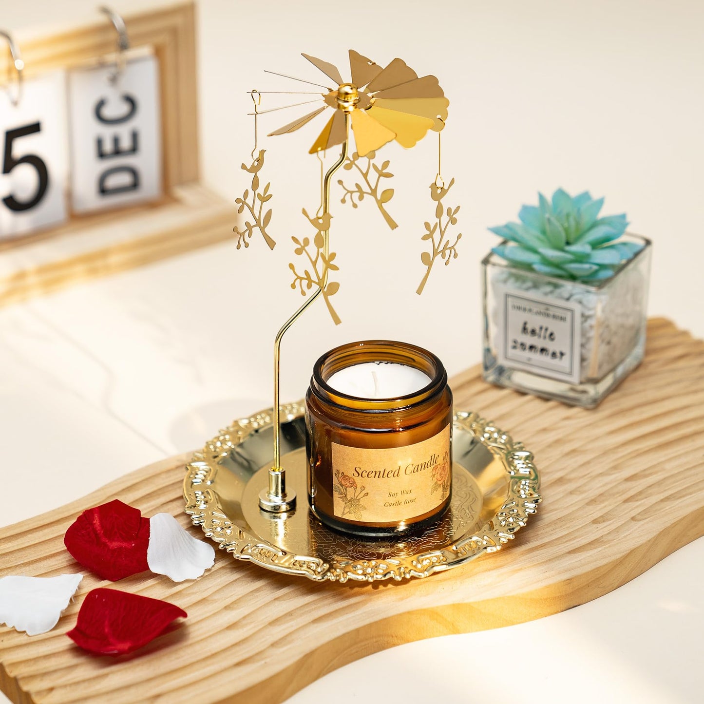 Rancco Spinning Candle Holder with Tray, Gold Candle Carousel, Heat-Powered Metal Candlestick Holders for Table Centerpiece, Wedding, Christmas, Valentine's Day, Party Decor (Bird on a Branch)