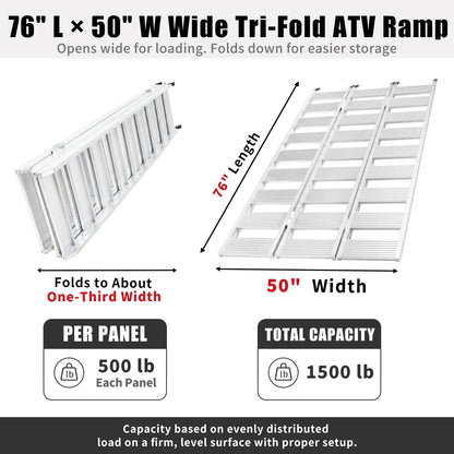 MAXIVAMN Aluminum Tri-Fold ATV Loading Ramp, 76" x 50" Wide Platform, 1500 lb Capacity with Safety Straps for Lawn Mower, Snow Blower, Motorcycle, Pickup Truck