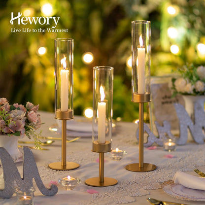 Hewory Gold Candle Holders, 12Pcs Brass Hurricane Candlestick Holders with Glass Candle Cover for Wedding Table Centerpiece Christmas Decor