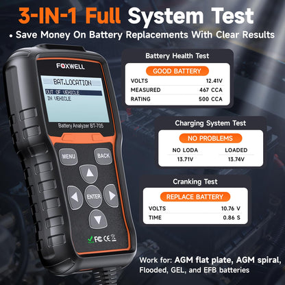 FOXWELL BT705 Car Battery Tester 24V 12V, Professional Alternator Tester, Automotive 100-2000CCA Load Tester, Digital Cranking Charging System Analyzer with High Accuracy for Trucks, RVs & Boats
