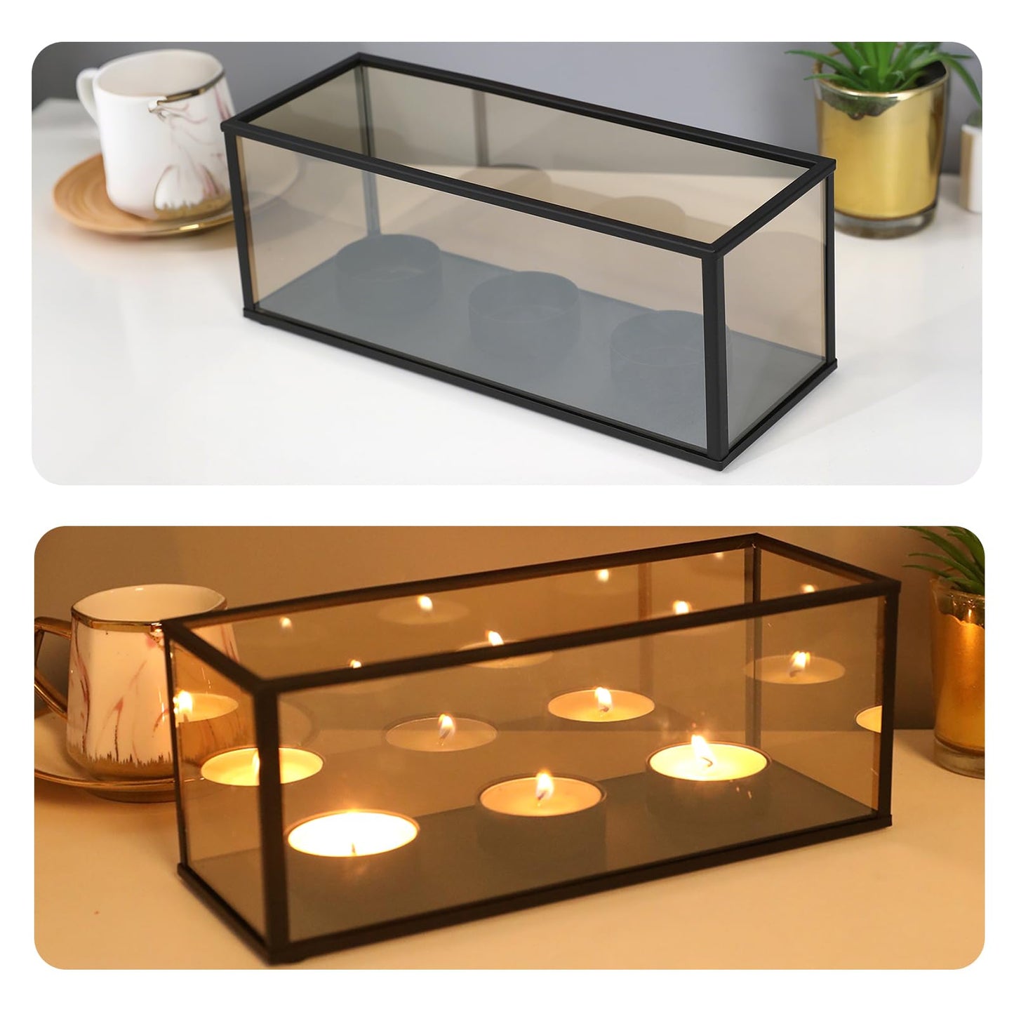 Black Metal Glass Frame Candle Holder with 3 Round Tealight Bases，Long Glass Tea Light Candle Holder Centerpiece Box, 8.5 x 3.15 x 3.15in (3 Candle Cup Bases)