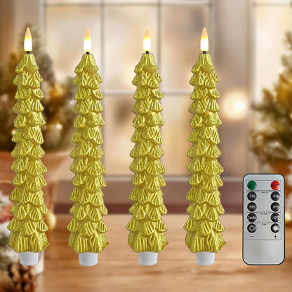 FCMSHAMD Gold Christmas Trees Flickering Flameless Candles with Remote and Timer, Real Wax 3D Flame Wick LED Candles, 9.8 Inch Battery Operated Candles for Christmas Home Decoration，4PCS