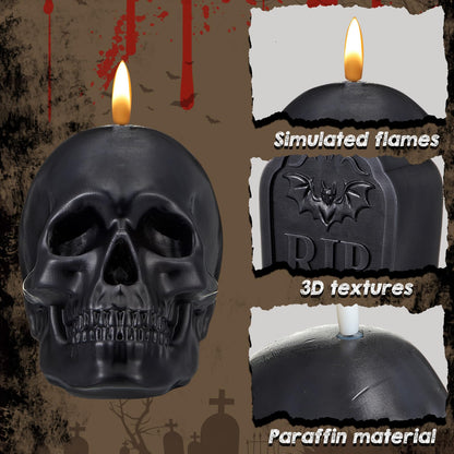 Baquler 4 Pack Black Wax Flameless LED Candles, Halloween Tombstone RIP Skull Dripping Pillar Candles Battery Operated Gothic Real Wax Candlestick for Halloween Party Home Decor