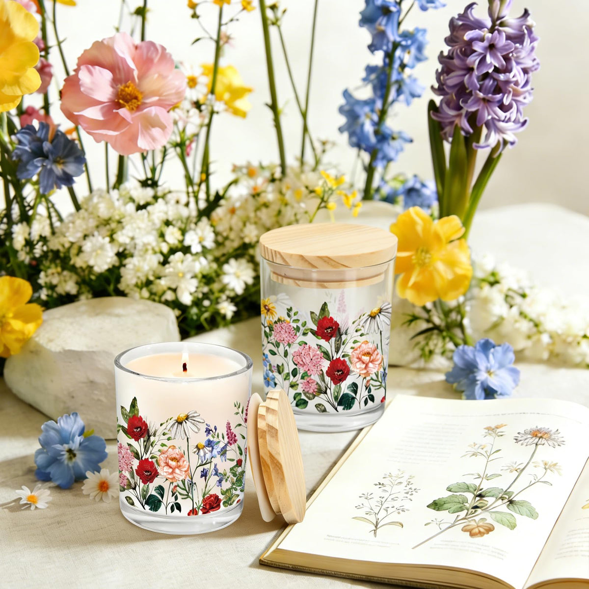 Whaline 12Pcs Wildflower Empty Candle Jar with Wooden Lid 7 oz Spring Floral Glass Candle Container for Candles Making Storing Kitchen Table Centerpiece Decoration