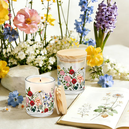 Whaline 12Pcs Wildflower Empty Candle Jar with Wooden Lid 7 oz Spring Floral Glass Candle Container for Candles Making Storing Kitchen Table Centerpiece Decoration
