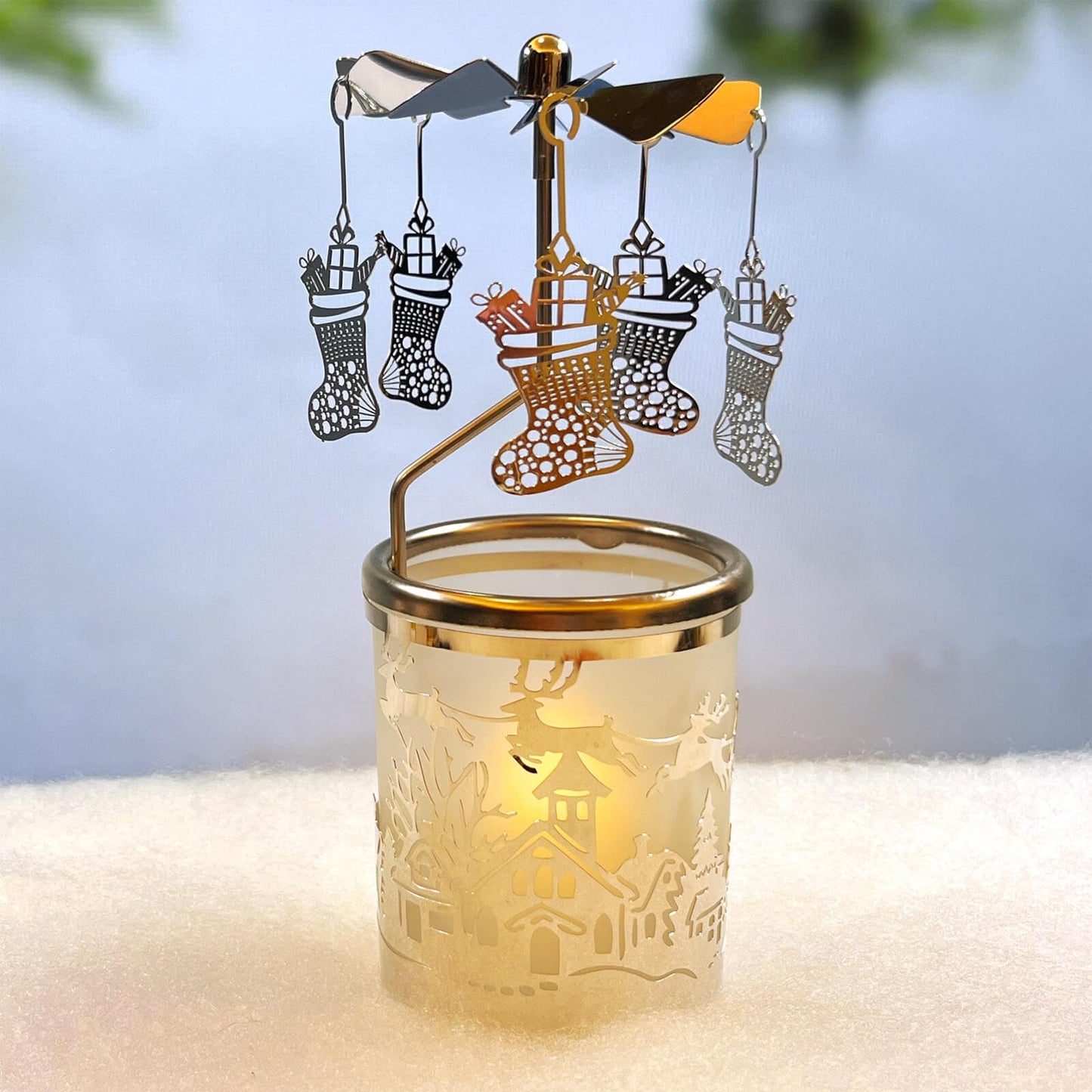 iLaJao Rotary Candle Carousel Spinning Candle Holder Spinning Tealight Holders Christmas Decoration for Home Tabel Centrepieces Gift for Wedding Wife Kids Birthday(Stocking)