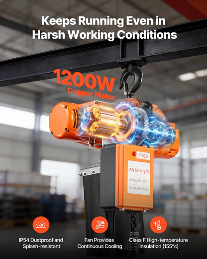 VEVOR 1100 lbs Electric Chain Hoist, 20ft Lifting Height, 120V 60Hz Single Phase Overhead Crane w/ 328ft Wireless & 15ft Wired Remote Control, Power Electric Hoist for Factories, Warehouses, Garages
