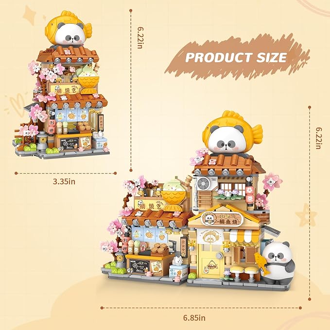 Japanese Street View Taiyaki Shop Mini Building Blocks MOC Creative Building Toys Cute Panda Building Set for Kids 6-12 Simulation Architecture Construction Toy Gift Idea for Kids Adults (858 PCS)