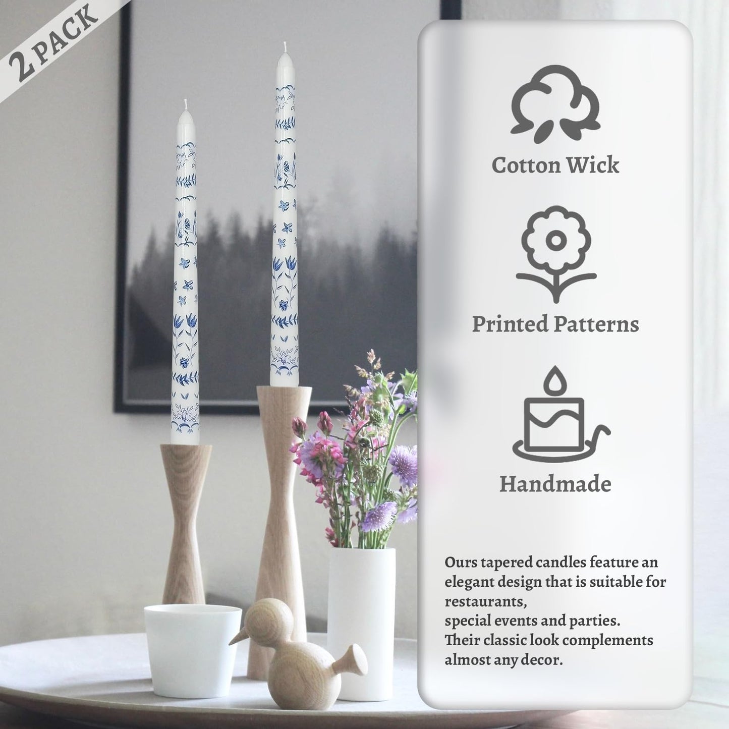 Floral Taper Candles 10 Inch Tall Unscented Handmade Blue and White Rural Pattern Print Long Burning Elegant Candlesticks for Wedding Dinner Home Decor