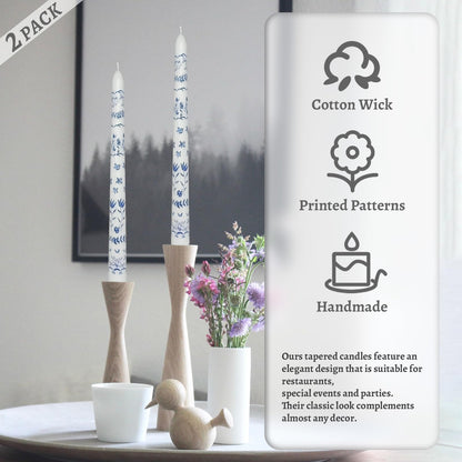Floral Taper Candles 10 Inch Tall Unscented Handmade Blue and White Rural Pattern Print Long Burning Elegant Candlesticks for Wedding Dinner Home Decor