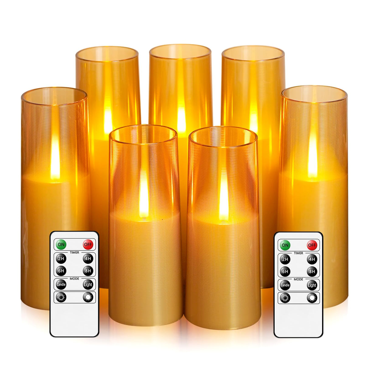 kakoya Flameless LED Candles Upgraded Realistic Flickering Flame,7Pcs Battery Operated Candles with Remote Timers,LED Pillar Candles for Home Decor,Christmas,and Parties（Gold）