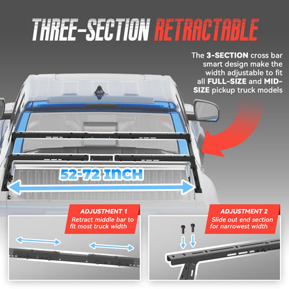 Truck Bed Adjustable Cross Bars for Pickup Trucks, Wide Width Adjustment, No-Drills Needed Installation (Not for Any Bed Cover), 95033C