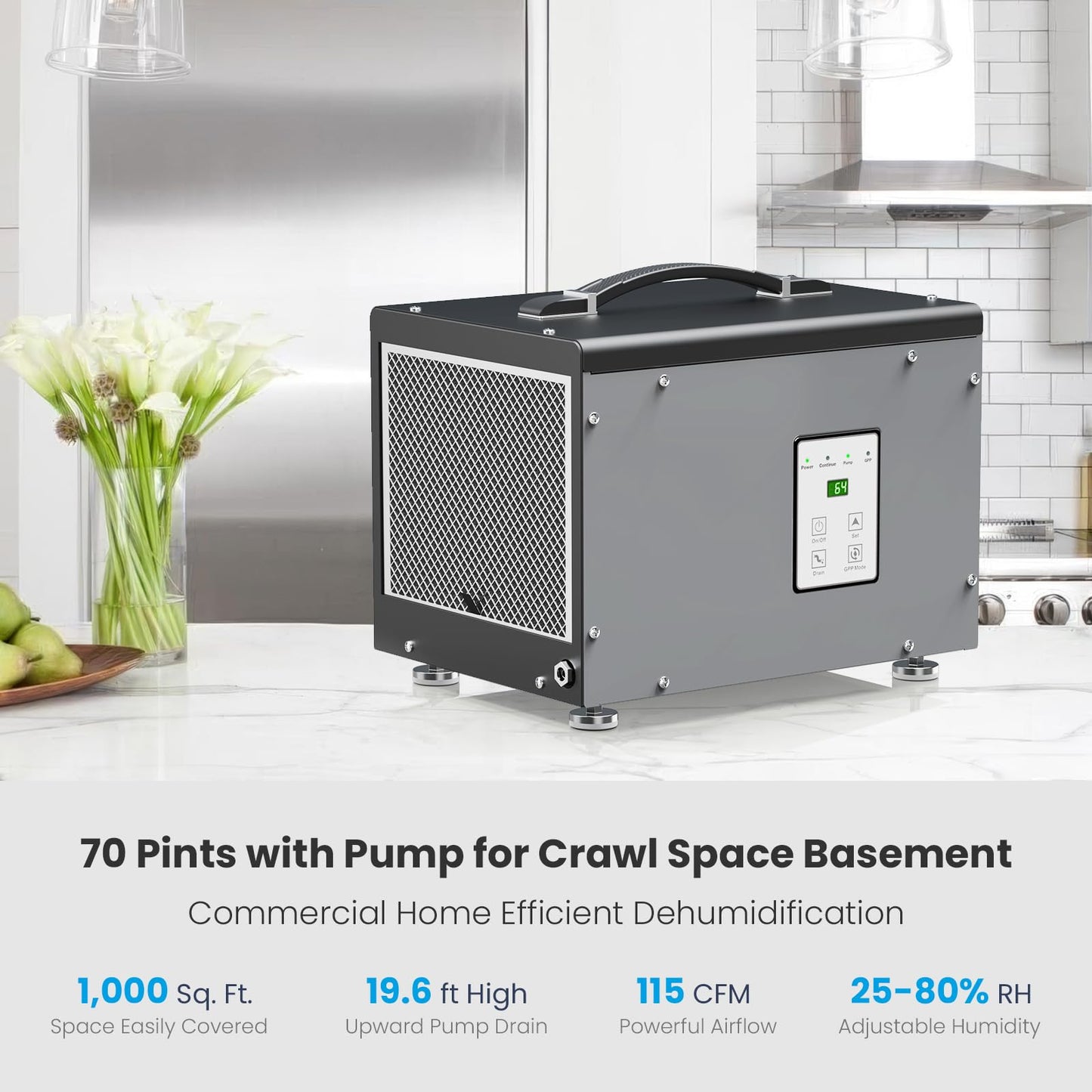 BaseAire Crawlspace Dehumidifier with Pump, Compact Dehumidifiers for Commercial, Basement and Water Damage with Drain Hose, 70 PPD, Auto Defrost, GLGR Technology, Up to 1000 Sq Ft