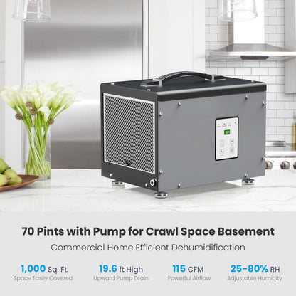 BaseAire Crawlspace Dehumidifier with Pump, Compact Dehumidifiers for Commercial, Basement and Water Damage with Drain Hose, 70 PPD, Auto Defrost, GLGR Technology, Up to 1000 Sq Ft