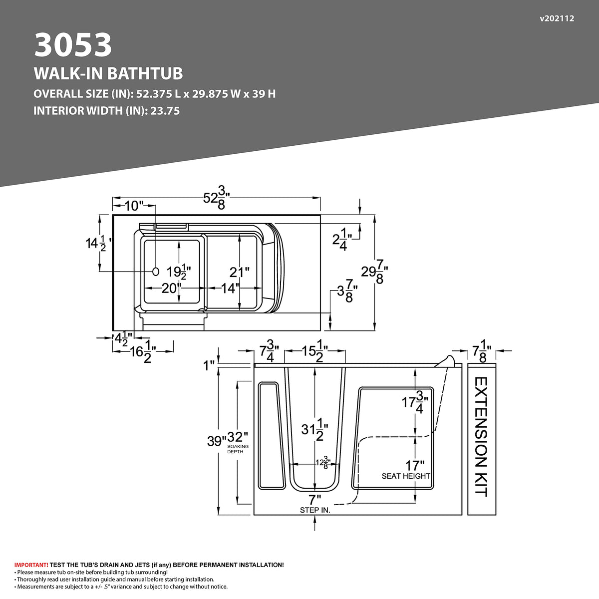 ANZZI Walk-In Tub, 30 x 53 in, Right Drain, Air & Whirlpool Jets, 110V