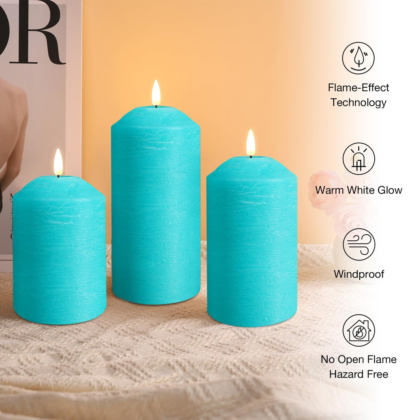 Eywamage Turquoise Blue Flameless Pillar Candles with Remote, Flickering LED Candles Battery Powered Real Wax Set of 3