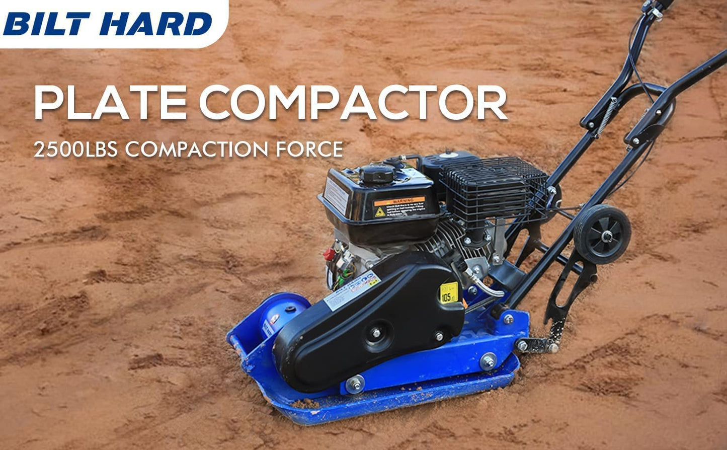 BILT HARD Plate Compactor Rammer, 6.5HP 196cc Gas Engine 5500 VPM 2500 lbs Compaction Force, 21 x 14.5 inch Plate, Ground Compactors for Paving Landscaping Sidewalk Patio, EPA Compliant
