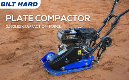 BILT HARD Plate Compactor Rammer, 6.5HP 196cc Gas Engine 5500 VPM 2500 lbs Compaction Force, 21 x 14.5 inch Plate, Ground Compactors for Paving Landscaping Sidewalk Patio, EPA Compliant