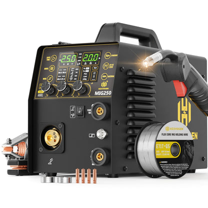 H HZXVOGEN MIG Welder, 250Amp 6 in 1 Gas MIG/Flux Core MIG/Stick/Lift TIG/Spot welding/Spool Gun 110V/220V Aluminum Multi Process Professional Welding Machine with LED Digital Display, 2T/4T