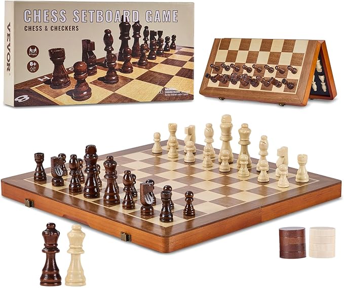 VEVOR 15-inch Magnetic Wooden Chess Set 2-in-1 Folding Chess and Checkers Game for Adults and Kids Portable Travel Chess Set with 2 Queens Ideal for Tournaments Professionals and Beginners