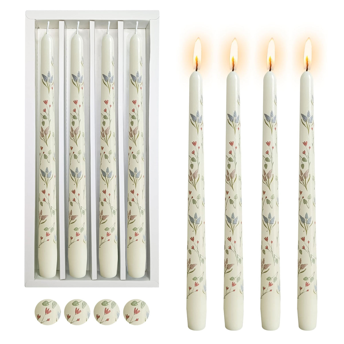 Floral Taper Candles Dripless Candlesticks, 4 Pack Unscented Flower Taper Candle, 10 Inch Elegant Pastel Candle Sticks for Easter, Saint Patrick’s Wedding Table Centerpieces Mother’s Day Home Decor